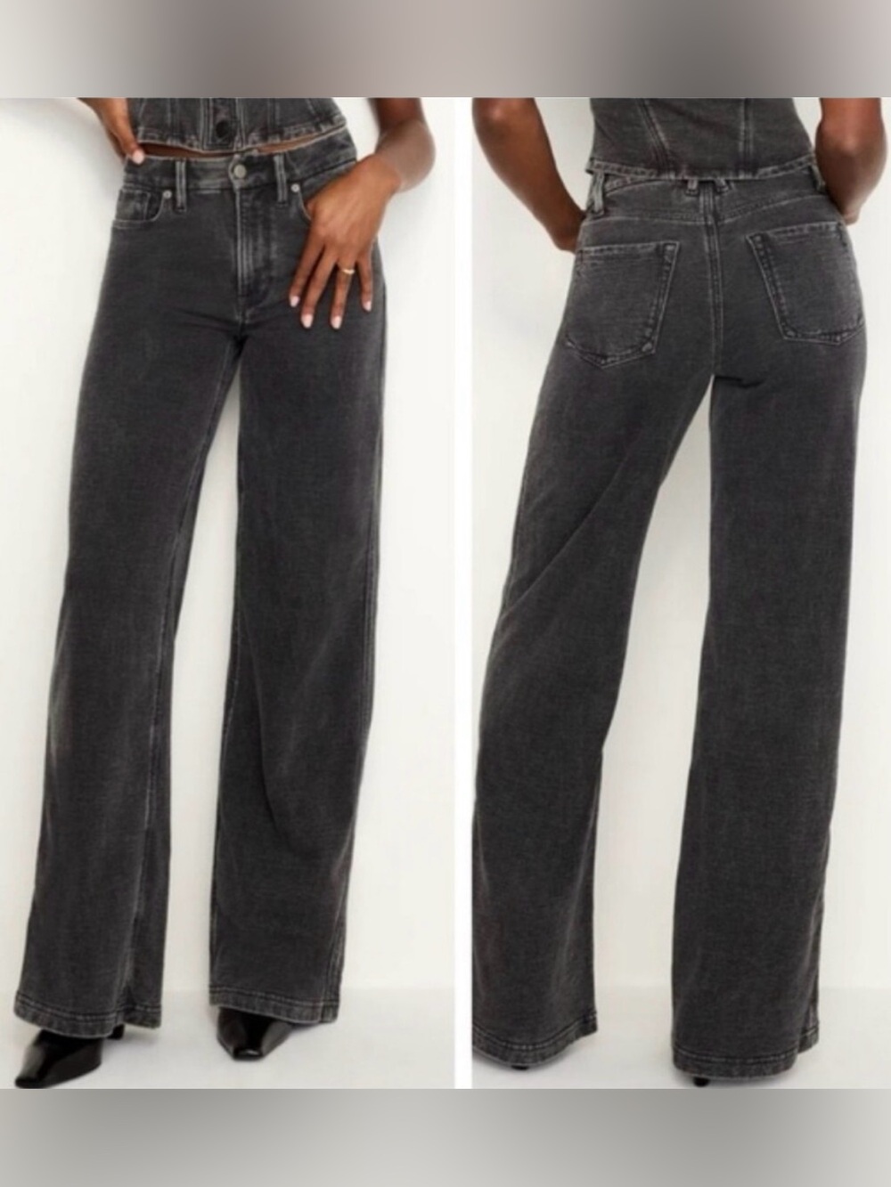 Good American Jeanius Good Skate Washed Black High-Rise Wide-Leg Jeans size 4/27